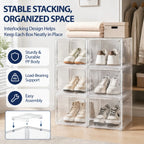 6 Pack Transparent Shoe Boxes, Magnetic Stackable Shoe Organiser with Flip Cover, Space Saving Clear Shoe Cases for Home Storage