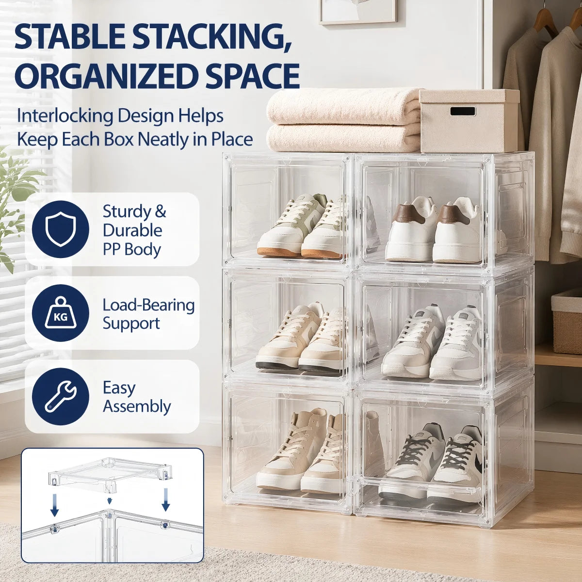 6 Pack Transparent Shoe Boxes, Magnetic Stackable Shoe Organiser with Flip Cover, Space Saving Clear Shoe Cases for Home Storage