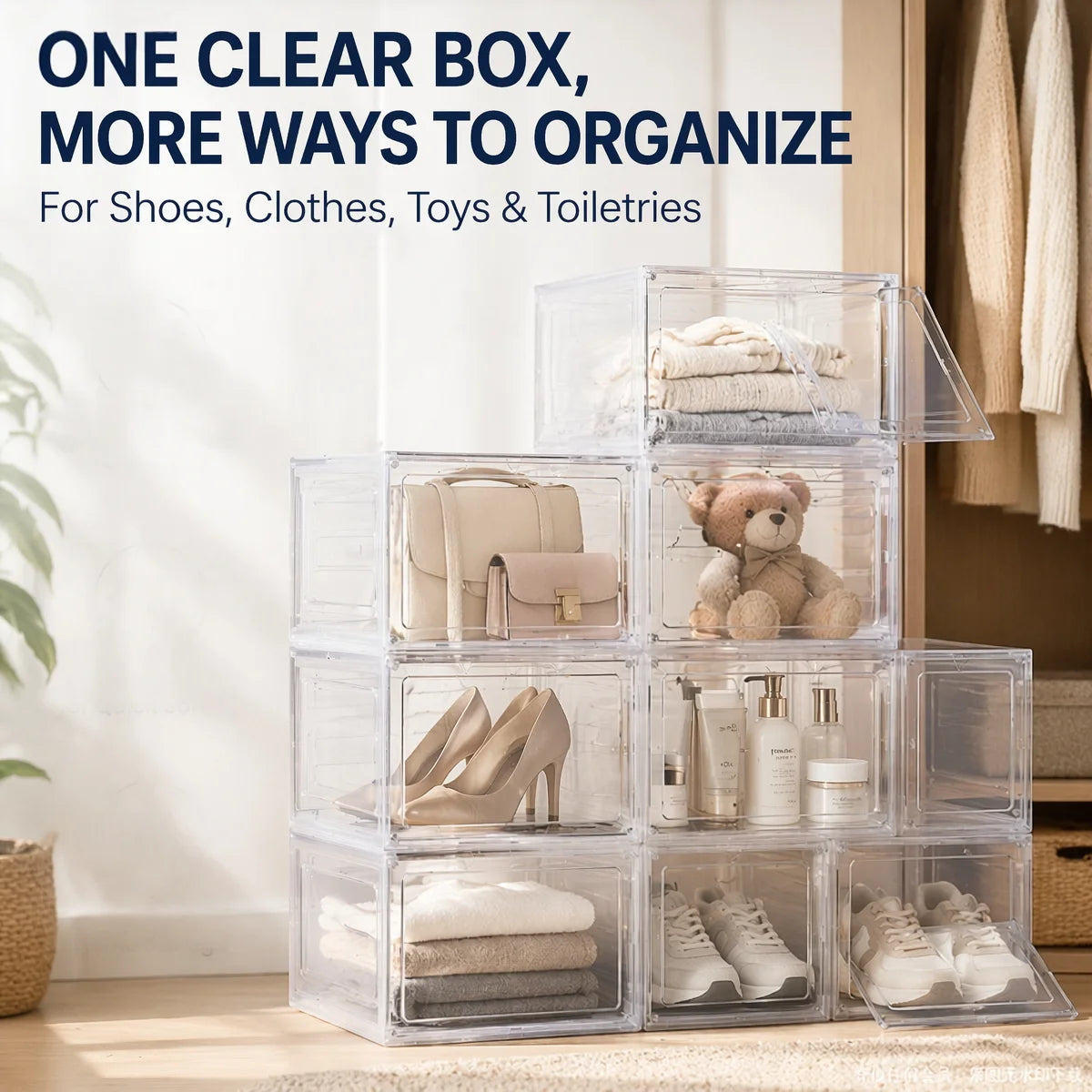 6 Pack Transparent Shoe Boxes, Magnetic Stackable Shoe Organiser with Flip Cover, Space Saving Clear Shoe Cases for Home Storage