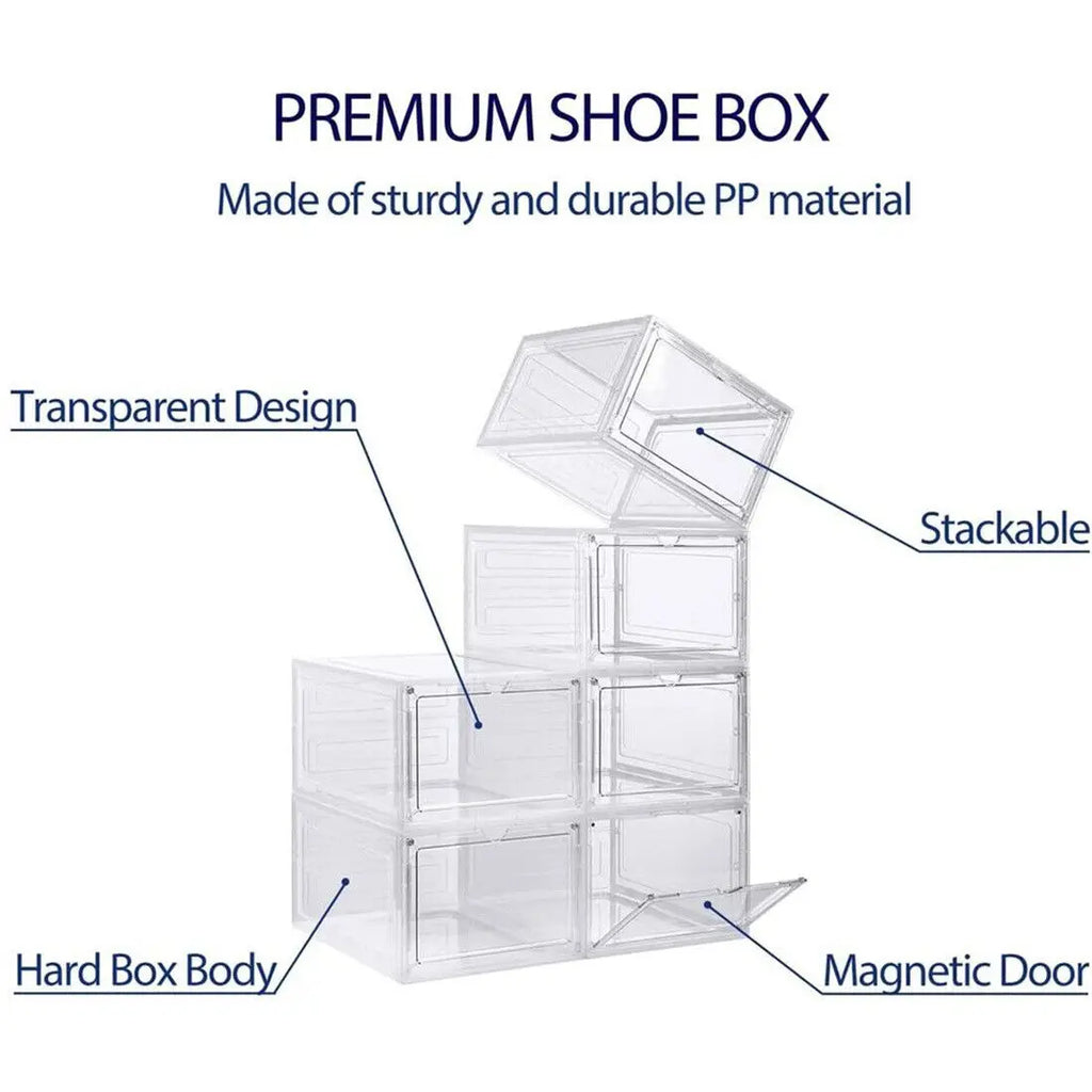 6 Pack Transparent Shoe Boxes, Magnetic Stackable Shoe Organiser with Flip Cover, Space Saving Clear Shoe Cases for Home Storage