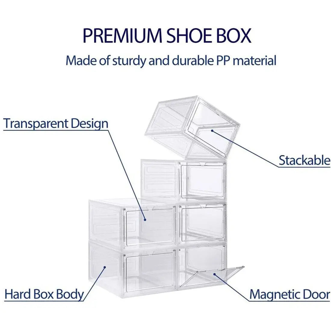 6 Pack Transparent Shoe Boxes, Magnetic Stackable Shoe Organiser with Flip Cover, Space Saving Clear Shoe Cases for Home Storage