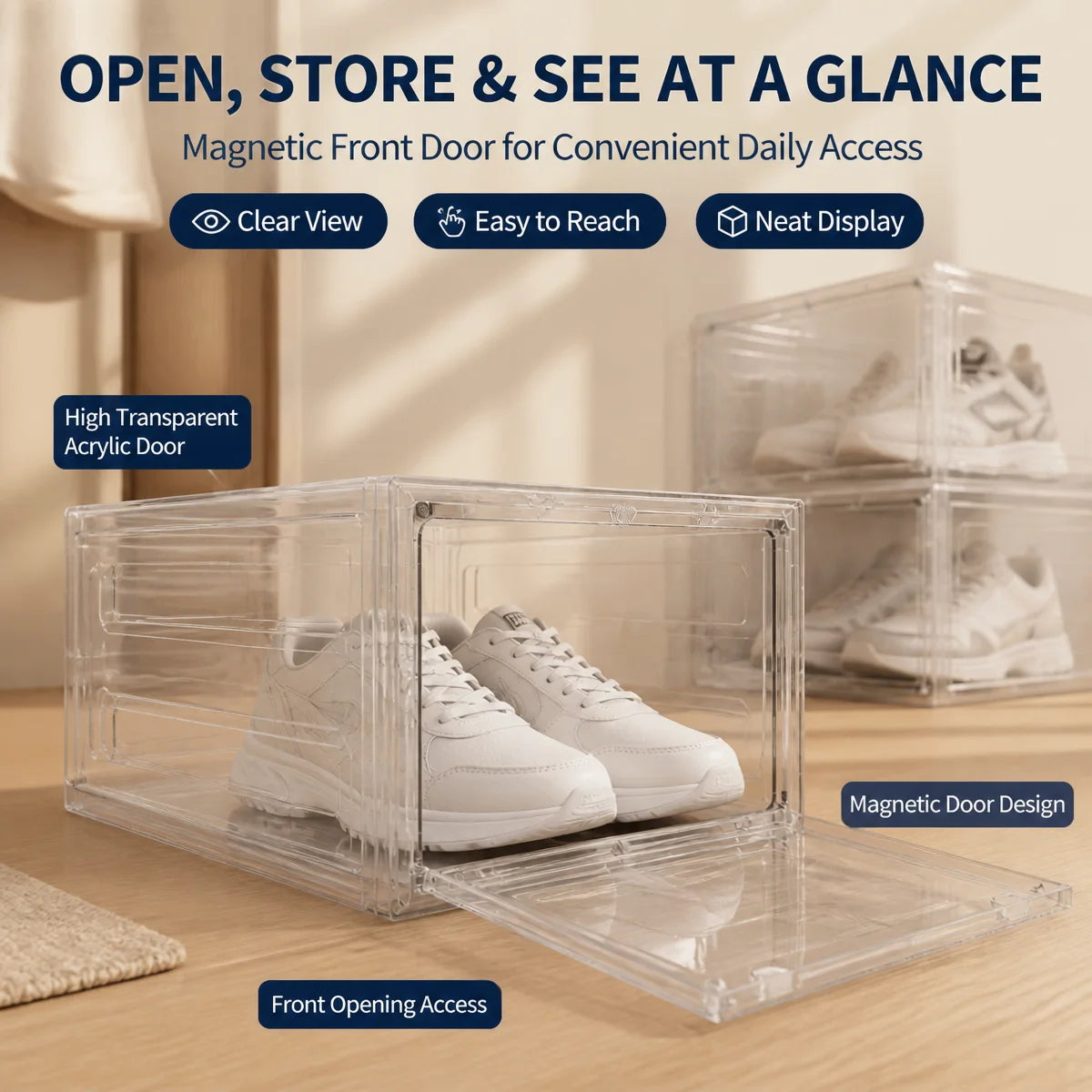 6 Pack Transparent Shoe Boxes, Magnetic Stackable Shoe Organiser with Flip Cover, Space Saving Clear Shoe Cases for Home Storage