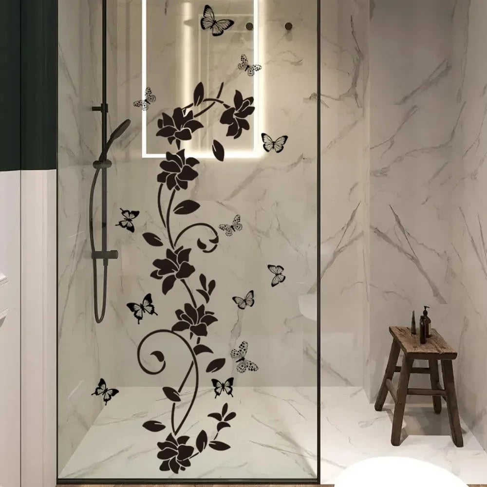 Removable Waterproof PVC Sticker Black Flower Vine Butterfly Self Stick Decor for Bedroom Living Room Bathroom Wall Decor