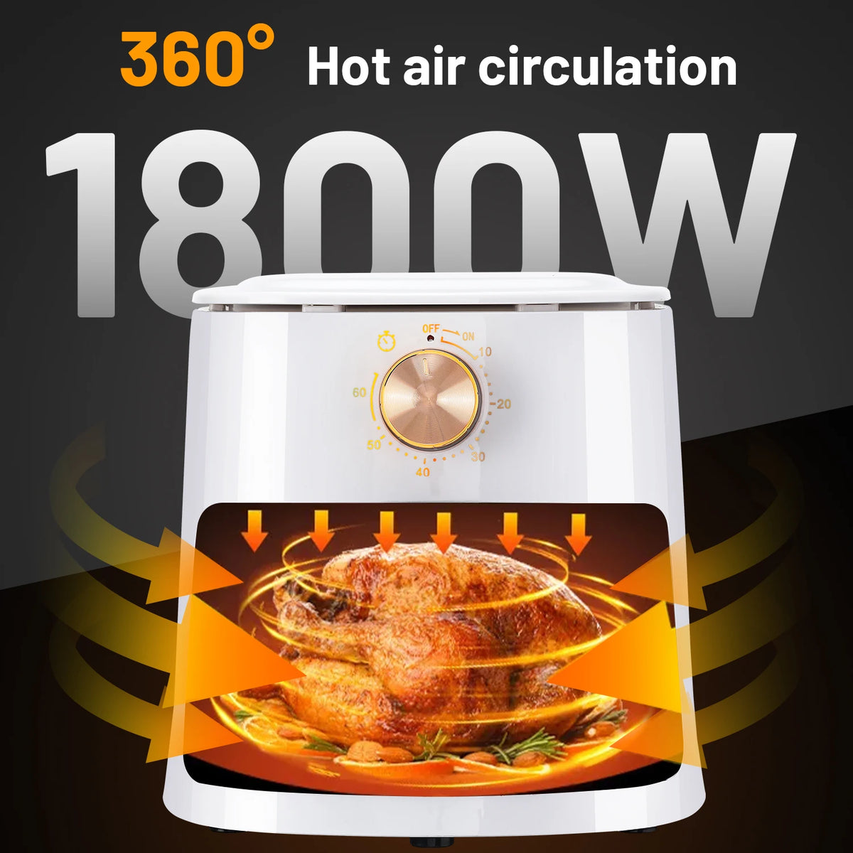 5.5L Manual Air Fryer Large Oven Low Fat Healthy Oil free Frying 1800W Black White