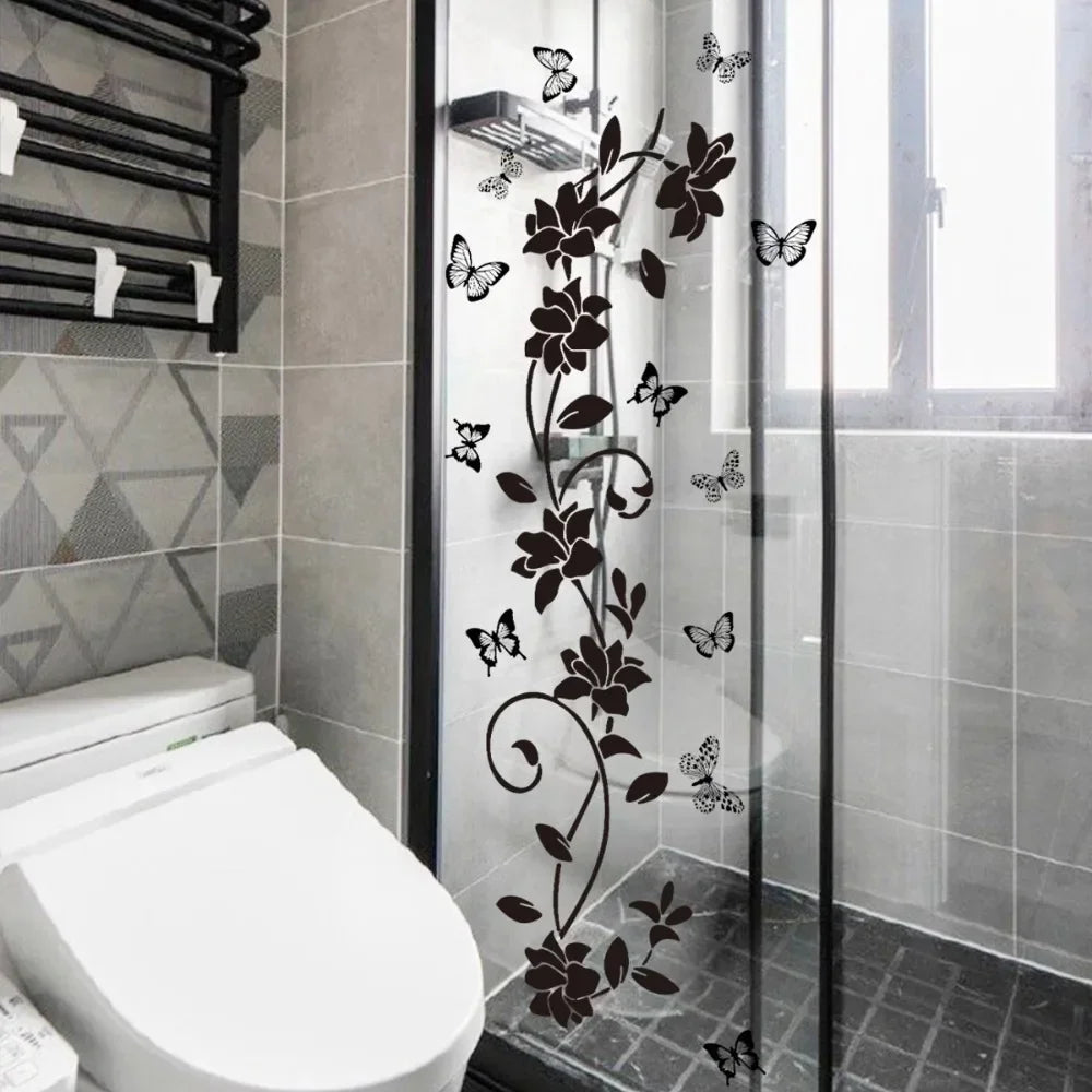 Removable Waterproof PVC Sticker Black Flower Vine Butterfly Self Stick Decor for Bedroom Living Room Bathroom Wall Decor