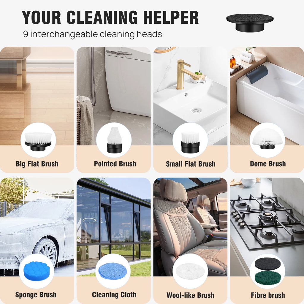 Electric Rotary Brush With Adjustable Handle For Power Cleaning And 9 Interchangeable Brush Heads, Bathroom Sink, Kitchen Floor