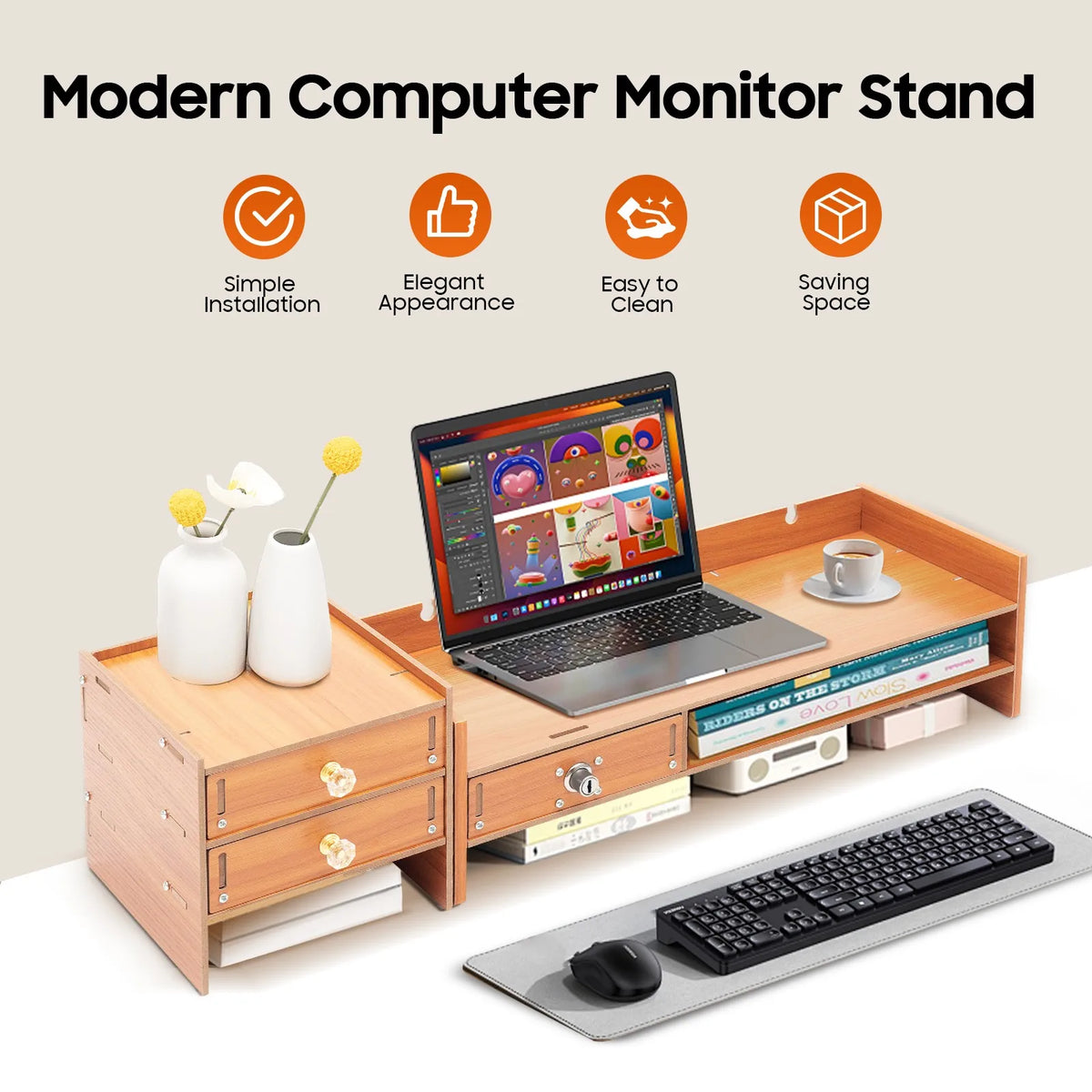 Wooden Computer Monitor Stand Computer Screen Riser Computer Rack and Drawer 3 Large Deep Drawers Keyboard Storage Laptop Plinth Detachable Computer Rack and Drawer for Study Living Room