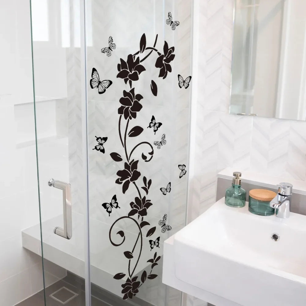Removable Waterproof PVC Sticker Black Flower Vine Butterfly Self Stick Decor for Bedroom Living Room Bathroom Wall Decor