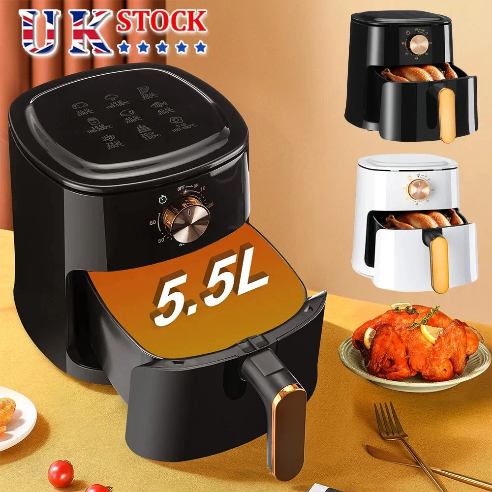 5.5L Manual Air Fryer Large Oven Low Fat Healthy Oil free Frying 1800W Black White