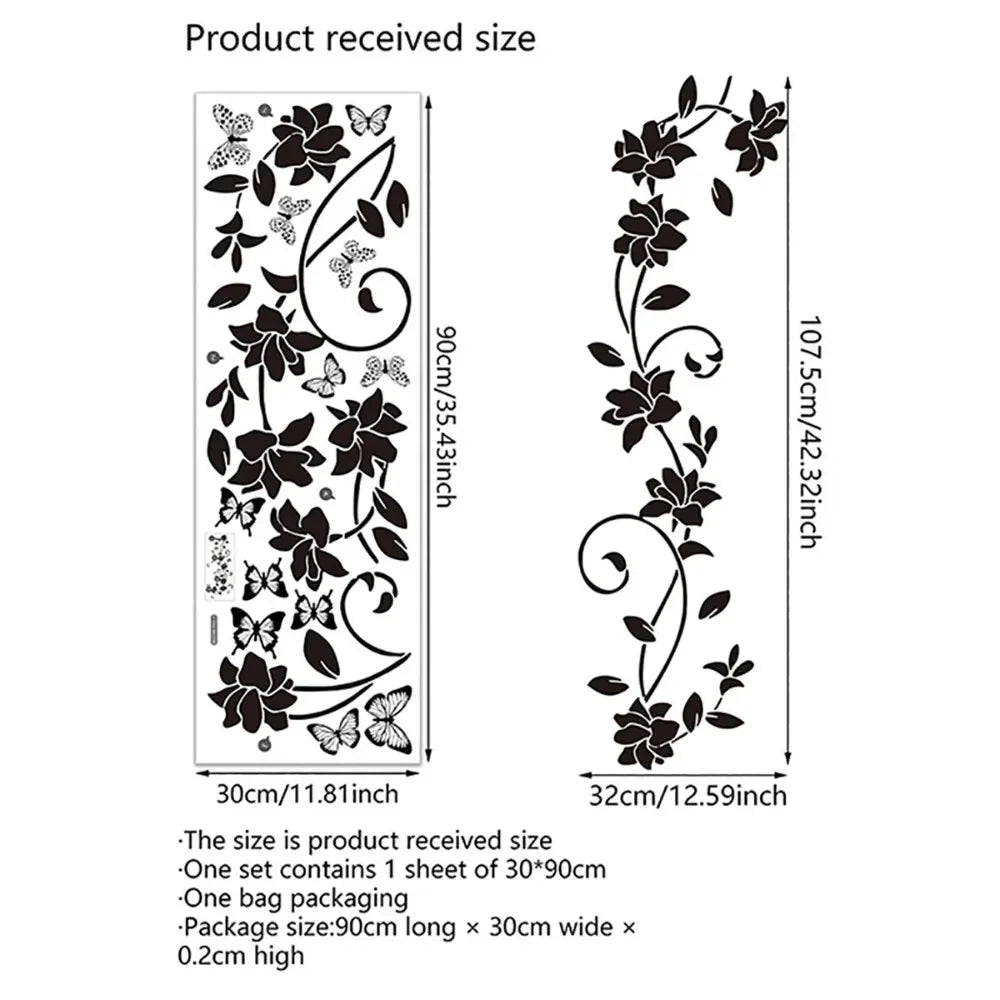 Removable Waterproof PVC Sticker Black Flower Vine Butterfly Self Stick Decor for Bedroom Living Room Bathroom Wall Decor