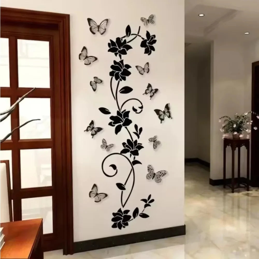 Removable Waterproof PVC Sticker Black Flower Vine Butterfly Self Stick Decor for Bedroom Living Room Bathroom Wall Decor