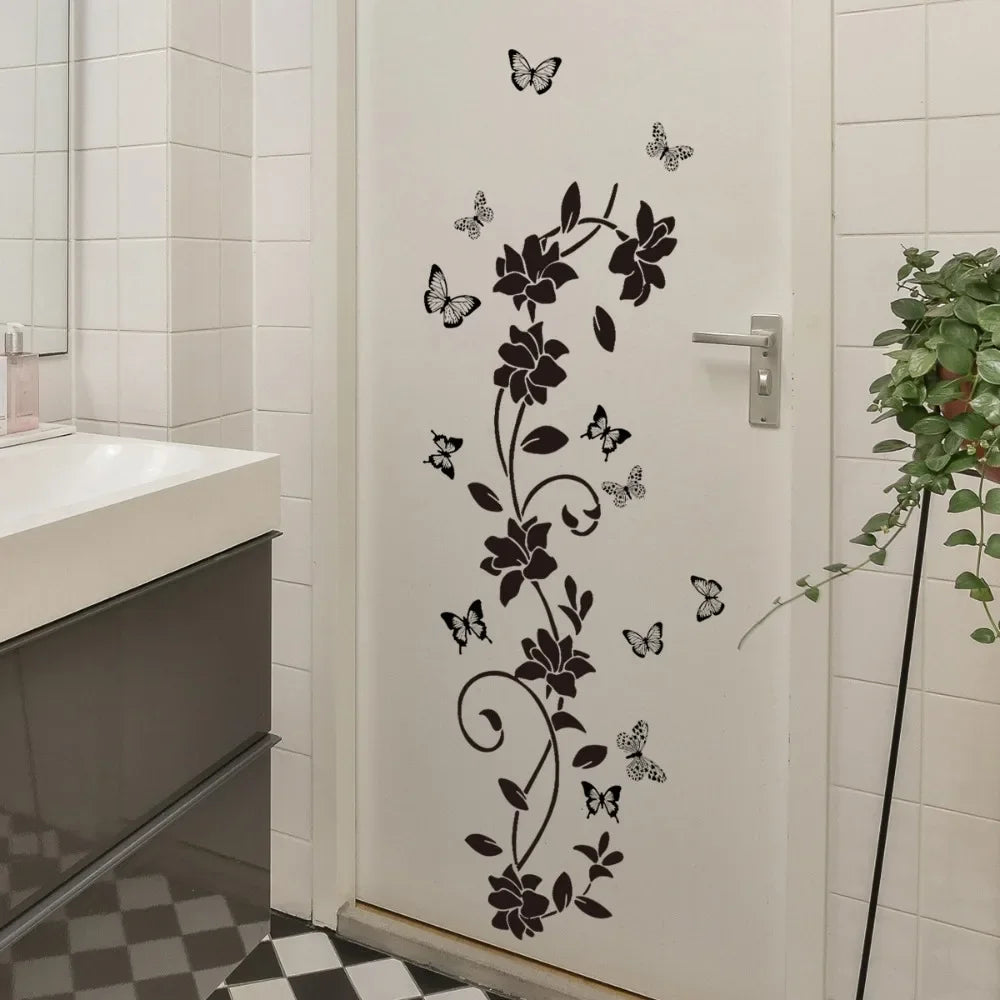 Removable Waterproof PVC Sticker Black Flower Vine Butterfly Self Stick Decor for Bedroom Living Room Bathroom Wall Decor