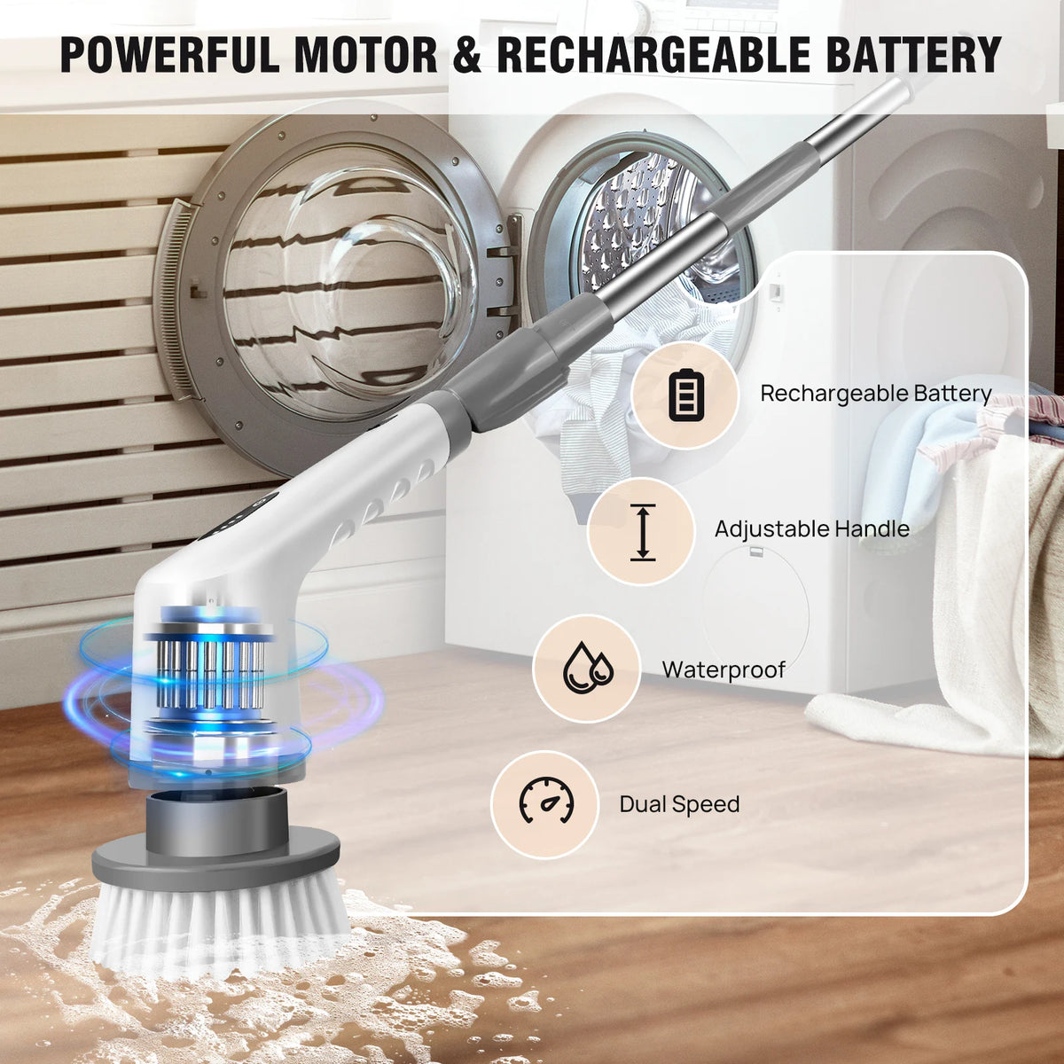 Electric Rotary Brush With Adjustable Handle For Power Cleaning And 9 Interchangeable Brush Heads, Bathroom Sink, Kitchen Floor