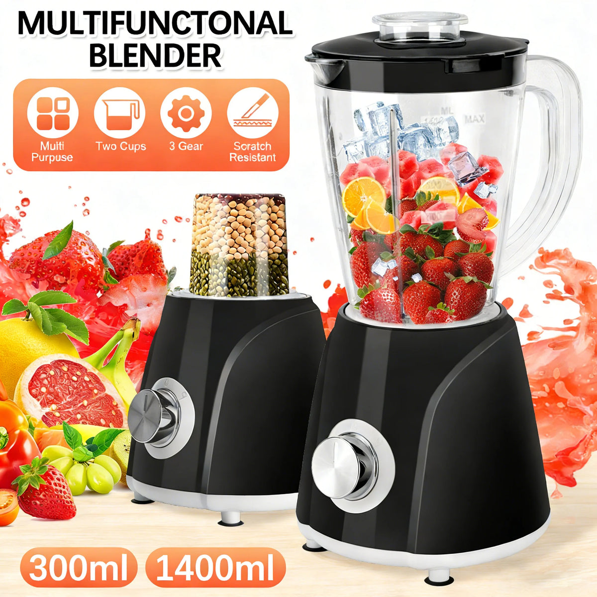 Professional Blender - 2-in-1 Multifunction Blender. 1.6L Smoothie Blender with 300ml Travel Cup,Smoothie Maker & Food Processor