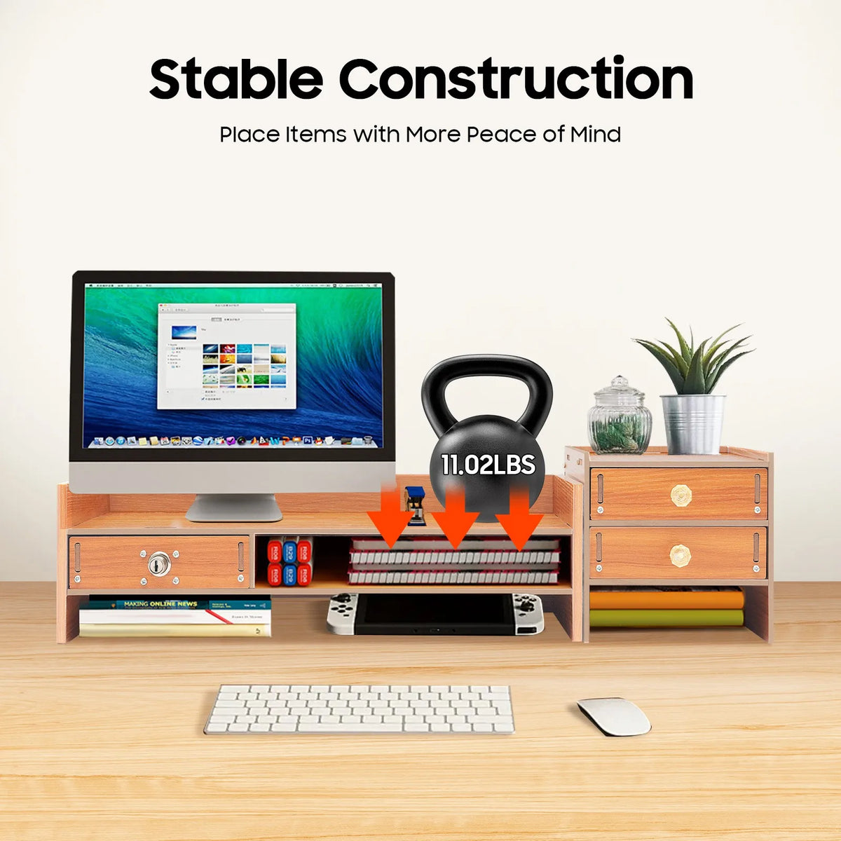Wooden Computer Monitor Stand Computer Screen Riser Computer Rack and Drawer 3 Large Deep Drawers Keyboard Storage Laptop Plinth Detachable Computer Rack and Drawer for Study Living Room